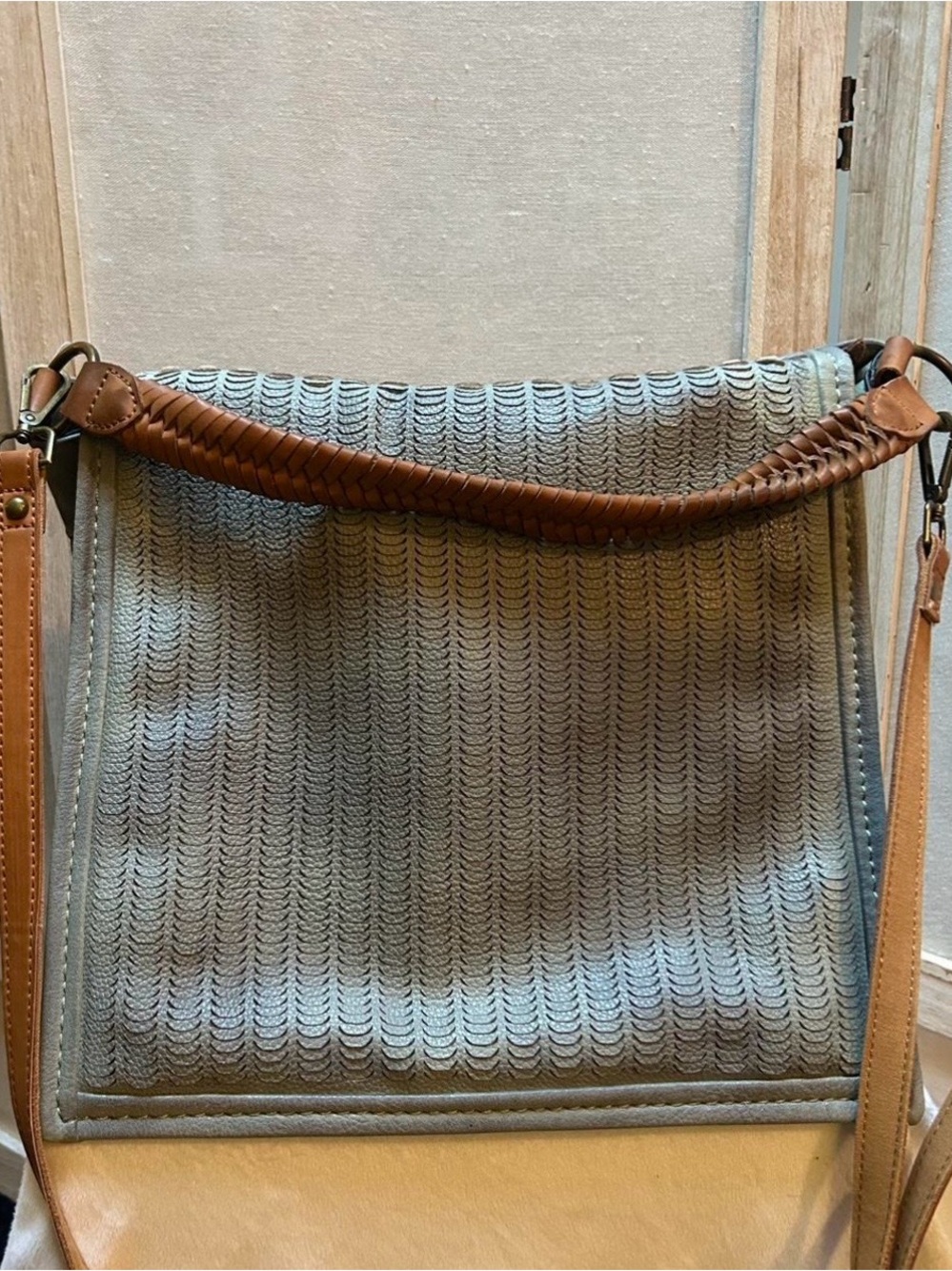 Free People Textured Light Blue Crossbody with Tan Leather Strap